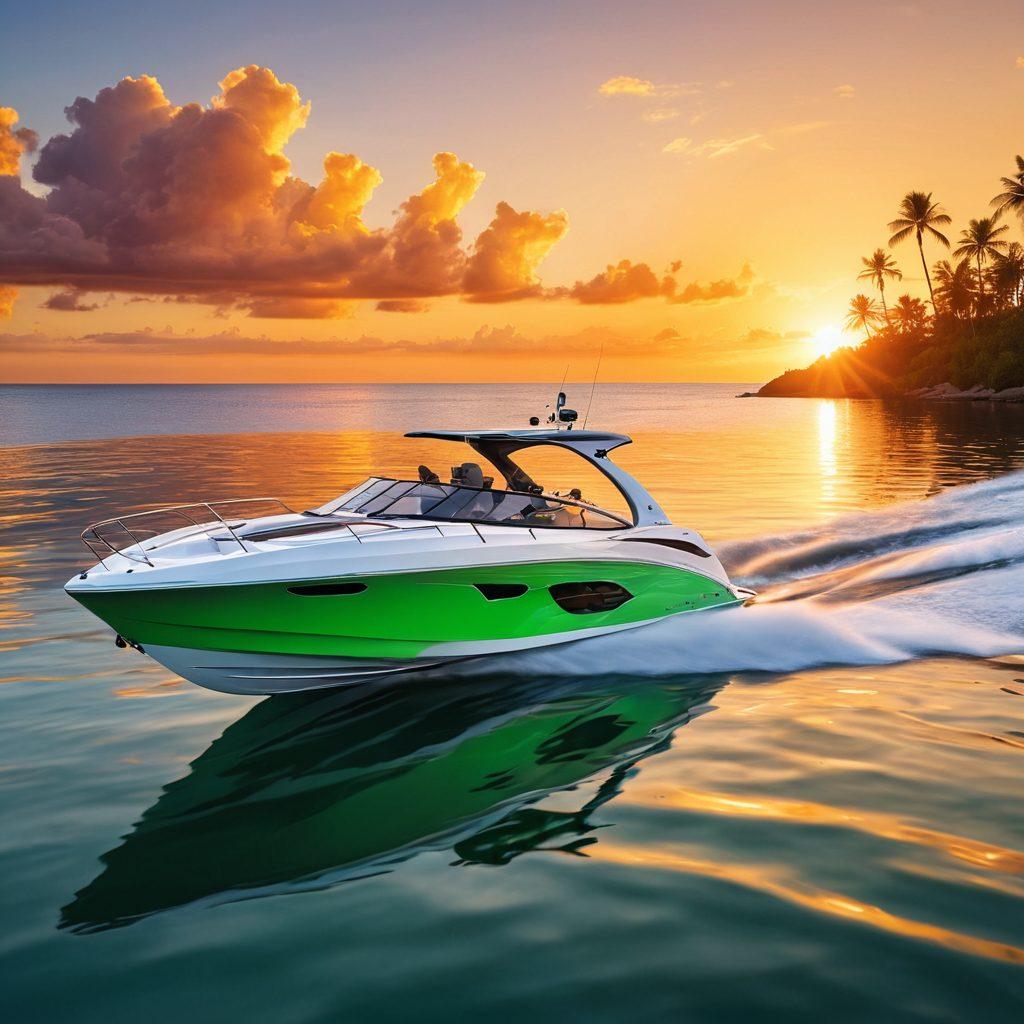 A dynamic scene showcasing a sailboat gracefully gliding on tranquil waters alongside a sleek speedboat zipping by. In the background, a vibrant sunset paints the sky in warm hues, reflecting on the water's surface. Various marine coverage icons subtly integrated into the design, representing insurance options for each boat type. Lush green shoreline adds depth and interest to the composition. super-realistic. vibrant colors. seamless blend of watercraft.