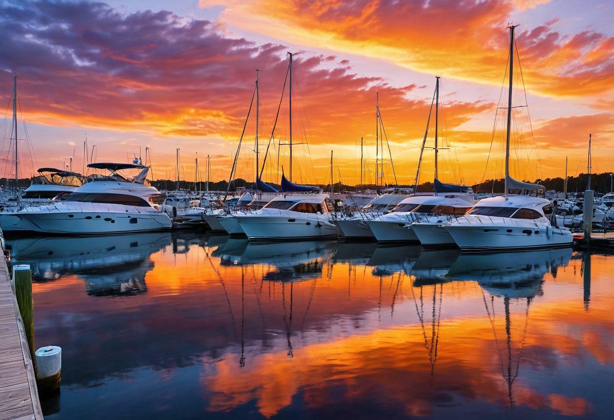 A serene marina scene with various yachts docked under a vibrant sunset, showcasing a nautical theme with protective gear like boat covers and life jackets scattered around. Include a friendly insurance agent happily discussing coverage options with a boat owner on the dock. Emphasize calm waters reflecting the colorful sky, suggesting peace of mind. super-realistic. vibrant colors. 3D.