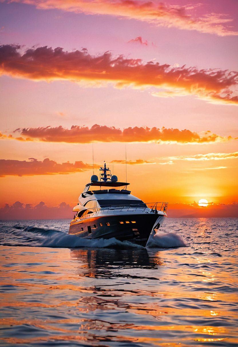A serene scene of a luxury yacht cruising through calm waters, with a sunset in the background showcasing vibrant hues of orange and pink. Depict elements of risk management such as a checklist of nautical safety items visually represented on the yacht's deck. Include subtle symbols of insurance, like a shield or lifebuoy, to emphasize protection. The mood should convey peace of mind and tranquility on the water. super-realistic. vibrant colors. 3D.